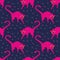 Seamless pattern, funny magenta cats in everyday poses, playing in Navy blue space