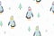 Seamless pattern with funny penguin cartoon character wearing warm clothing funny posture. Winter holidays theme.