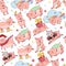 Seamless pattern with Funny Piggy symbol 2019 new year in doodle style. Piglet listens to music, eats, sleeps, holds a gift, in a