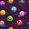 Seamless pattern with funny planets on the space background. Cartoon childish cosmic texture.