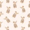 Seamless pattern with funny rabbit with closed eyes holding guinea pig on light background. Backdrop with cute hugging