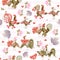 Seamless pattern with funny roosters and hens, pink roses and viburnum leaves on gentle striped background. Print for fabric