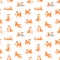 Seamless pattern with funny Shiba Inu dogs in various postures. Endless design with friendly Akita Inu puppies on white