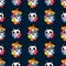 Seamless pattern with funny skulls and flowers. Drawn by hand. El Dia De Muertos. Vector illustration.