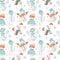 Seamless pattern with funny snowmen in snow