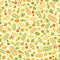 Seamless pattern with funny yellow, orange and green birds and colorful branches on a beige background