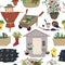 Seamless pattern with garden objects collection. Garden house, flower pots, garden cart, plants, birdhouses, scarecrow, basket. Sp