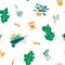 Seamless pattern of gardening items. Trees plants fruits herbs tools gloves boots rakes shovels seeds flowers cart.