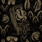 Seamless pattern with gargoyles. Halloween mood pattern. Black background with gold pattern. Gothic style