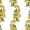 Seamless pattern with a garland of decorative flowering branches with yellow flowers, foliage.