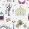 Seamless pattern with with gate, carriage, unicorn, lantern, wings, chest, birds and butterflies. Fairy tale theme.