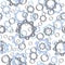 Seamless pattern of gear wheels and hexagon nuts. Abstract metal elements on white background. Steampunk style. Flat cartoon