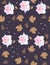 Seamless pattern with gentle pink roses, golden leaves of viburnum and small hearts on dark purple background. Vector illustration