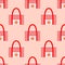 Seamless pattern with a geometric beach bag with red stripes and a starfish.Bright summer pattern for textiles on a pink