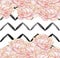 Seamless Pattern - geometric black stripes with pink peonies on white background