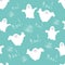 Seamless pattern: ghosts, cobwebs and the word Boo in white on a blue background. Vector.