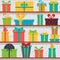 Seamless pattern of gift boxes on the shelves. Gift shop.