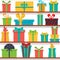 Seamless pattern of gift boxes on the shelves. Gift shop.