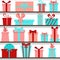 Seamless pattern of gift boxes on the shelves. Gift shop.