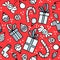 Seamless pattern with gift boxes, socks, christmas balls and sweets on red background