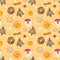 Seamless pattern with gingerbread cookies, Santa Claus, donut and Christmas tree