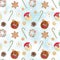 Seamless pattern with gingerbread cookies, Santa Claus, donut and Christmas tree cone