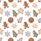 Seamless pattern with gingerbread glazed christmas cookies on white background.