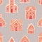 Seamless pattern with gingerbread houses on light background. Backdrop with delicious baked desserts decorated with