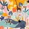 Seamless pattern with giraffe, zebra,tucan, and tropical landscape. Creative jungle childish texture. Great for fabric, textile