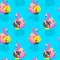 Seamless pattern with girls on an inflatable pink flamingo in summer of swims and rests.