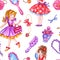 Seamless pattern of girls, perfumes and accessories on a white background