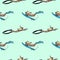 Seamless pattern with girls with surf boards diving under water in the ocean.