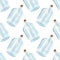 Seamless pattern with glass bottle. Watercolor painting with empty blue bottle texture