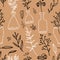 Seamless pattern with glass bottles which contain autumn leaves, flowers branches, berries. Line art hand drawn illustration. fall