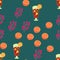 Seamless pattern with glass of mulled wine with pieces of apple and orange inside, cut oranges and berries on turquoise background