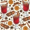 Seamless pattern with glass of Mulled wine and spices cinnamon, cloves, badyan, orange.