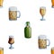 Seamless pattern with glasses and mugs of beer. Watercolor hand drawn illustration. Background