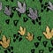 Seamless Pattern - Glitter dinosaur foot prints on green glitter background