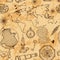 Seamless pattern with globe, compass, world map and wind rose. Vintage science objects set in steampunk style.