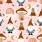 Seamless pattern with  gnome, mushroom house, rainbow, frog