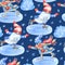 Seamless pattern with gnomes skating on ice ring, snow bushes and snowflakes on navy blue