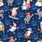 Seamless pattern with gnomes and winter activities outdoor, bushes and snowflakes on navy background.