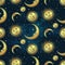 Seamless pattern with gold celestial bodies - moon, sun and stars over blue night sky background. Boho chic fabric print, wrapping