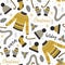 Seamless pattern with gold Christmas warm clothes