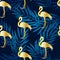 Seamless pattern with gold flamingo and gradient palm branches. Ornament for textile and wrapping. Vector