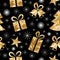 Seamless pattern with gold foil textured bells, gift, fir-tree, star. Golden elements on a black background.