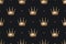 Seamless pattern with gold king crown on a dark black background