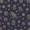 Seamless pattern with gold snowflakes and presents on dark purple background. Flat line gift boxes icons, cute repeat