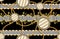 Seamless Pattern of Golden antique decorative barque and chains with versace motif on black background. Fabric Design Background r