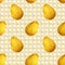 Seamless pattern with golden eggs and white pearly circles on white background